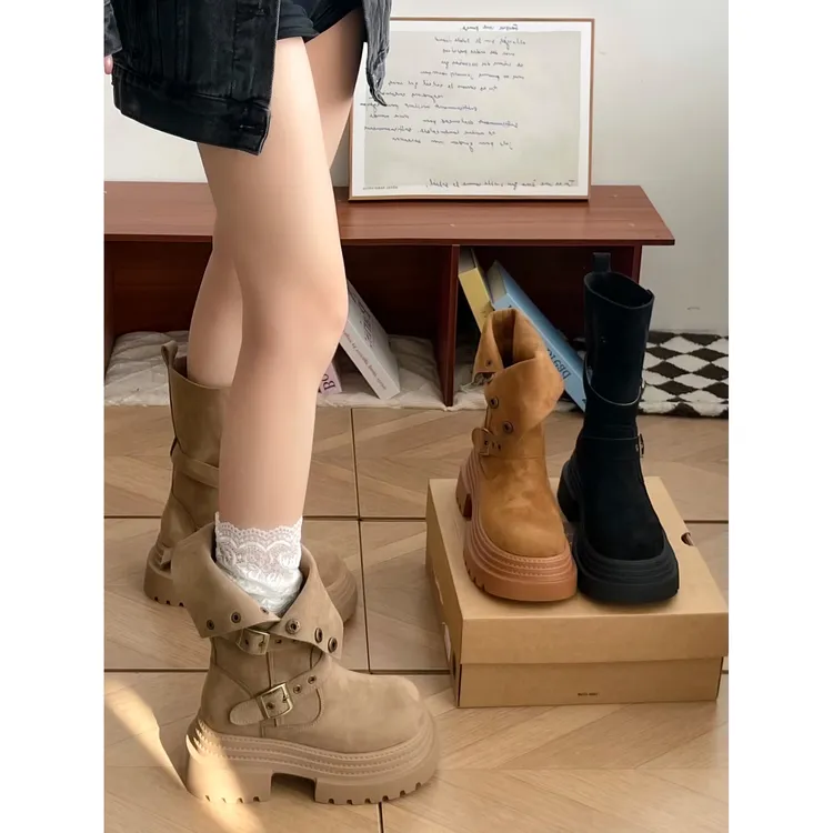 ITIM棕色马丁靴女2025新款厚底两穿中筒骑士靴粗跟复古美拉德短靴