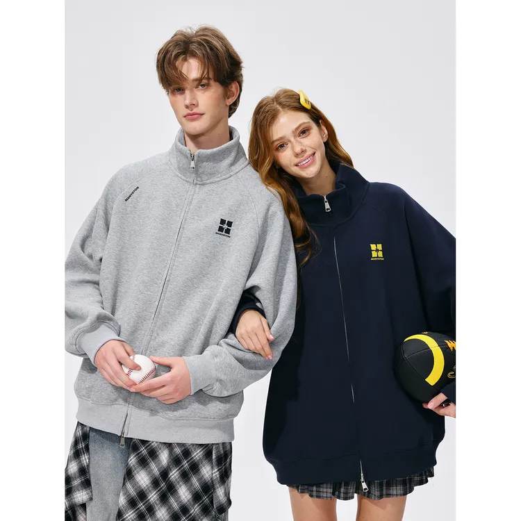 MANYSTON 美式420G重磅双拉链开衫卫衣男生款春秋季立领宽松外套