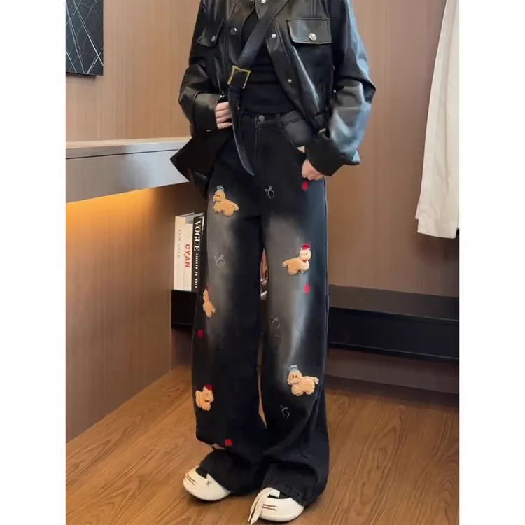 圣诞刺绣小狗牛仔裤2025冬季加绒保暖阔腿裤宽松显瘦小个子网红