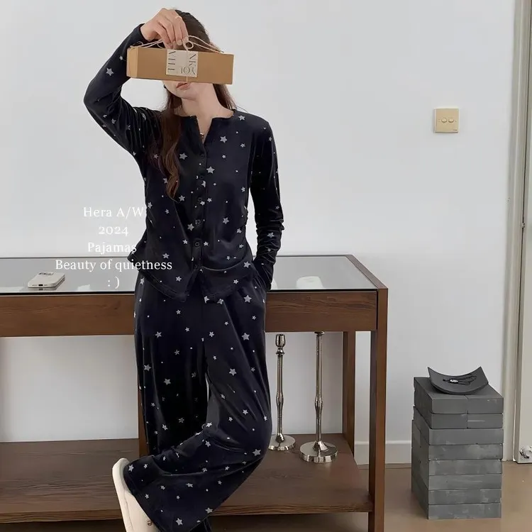 海岛绒睡衣女秋冬新款加厚保暖高级感长袖显瘦双面绒简约睡衣波点