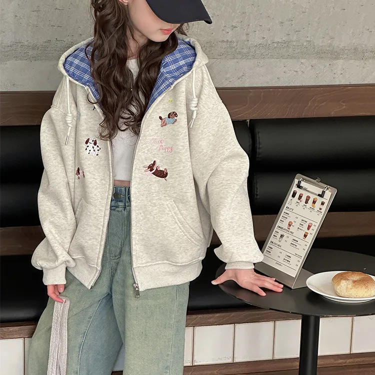 女童外套8-16岁洋气上衣休闲宽松连帽格子加厚外套潮酷童装51010