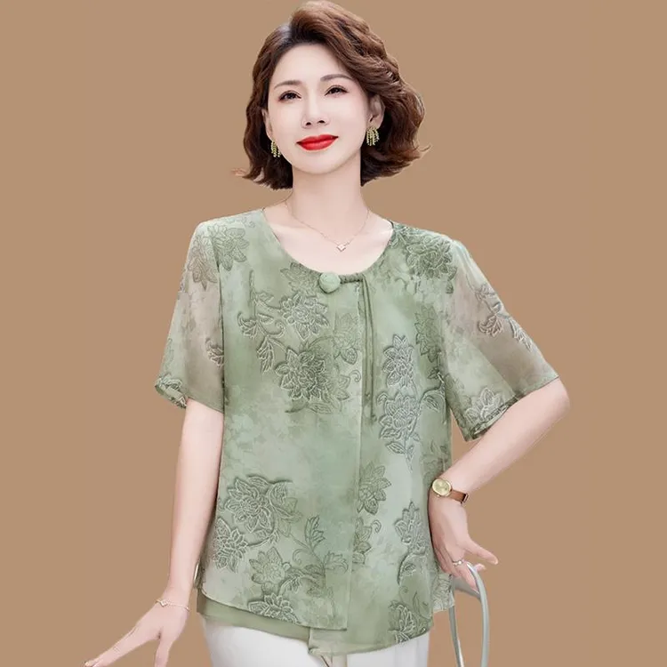 皮尔卡丹妈妈装夏季新款短袖雪纺T恤中老年人女洋气国风小衫假两
