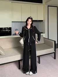 秋装新款胖mm大码女休闲减龄长袖开衫外套显瘦阔腿裤套装22945