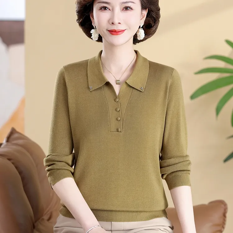 秋季新款妈妈装常规时尚薄款中老年女装翻领纯色针织衫女上衣毛衣