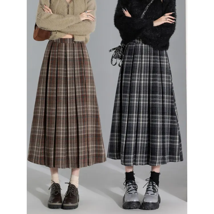 毛呢百褶半身裙女秋冬2024新款复古松紧腰中长款加厚a字格子裙子
