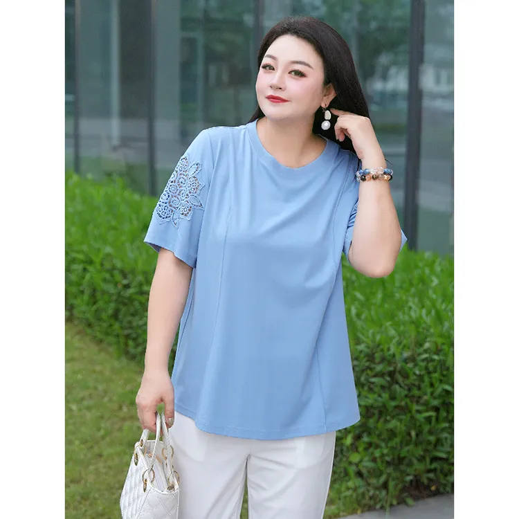 【简约而雅】MsShe大码女装夏装休闲拼接镂空短袖T恤J~B2505004