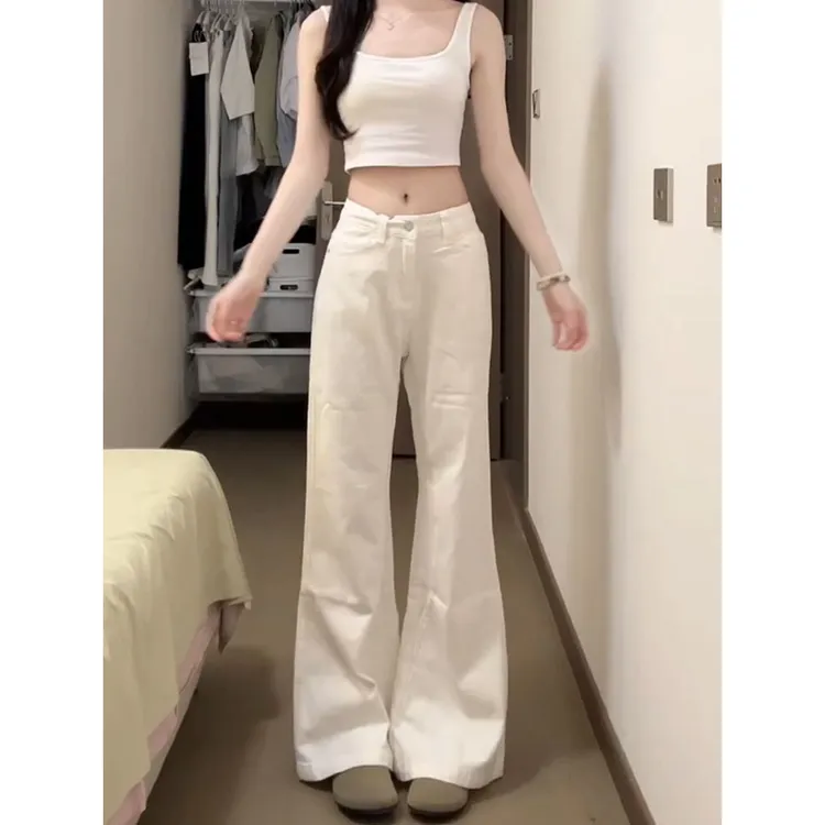 白色不贴腿微喇叭牛仔裤女春季新款宽松显瘦百搭直筒阔腿拖地裤子