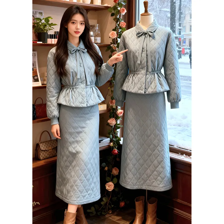 时尚套装女2025冬季新款时髦洋气蝴蝶结翻领棉衣外套半身裙两件套