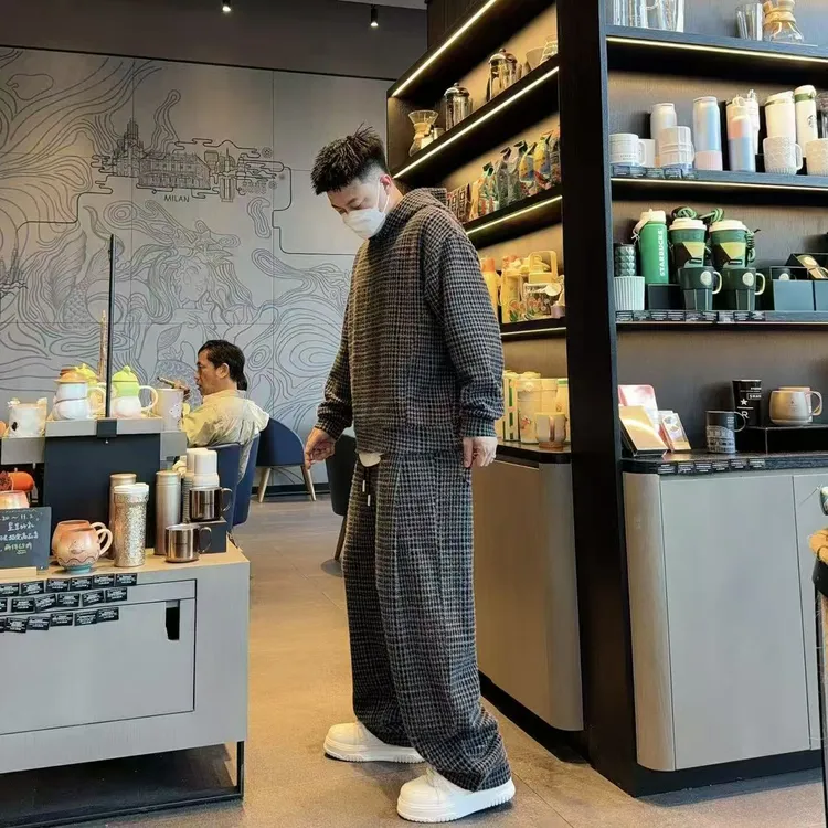 13032-13033秋冬季加厚保暖宽松套装男女同款连帽潮流休闲套装