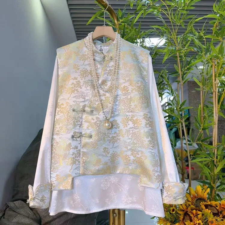 新中式国风盘扣提花马甲气质醋酸衫套装改良民族风微胖女装8136