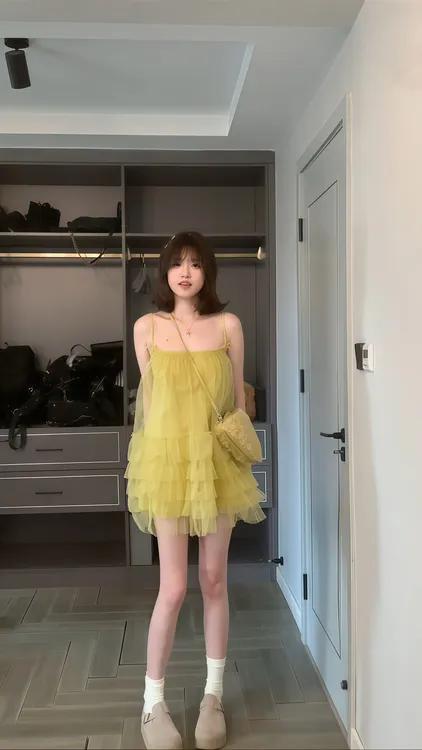 海边度假风黄色网纱吊带连衣裙女2025夏季新款纯欲性感露背a字裙