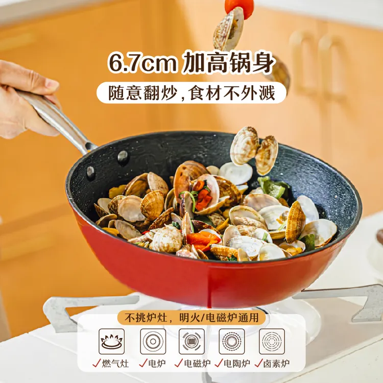 树可设计深款轻铸铁煎锅家用免开锅带盖焖煮炒菜煎鱼锅dr