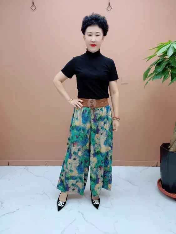 8319夏季冰柔花裤裙透气高腰阔腿碎花裤时尚百搭妈妈中老年广场舞