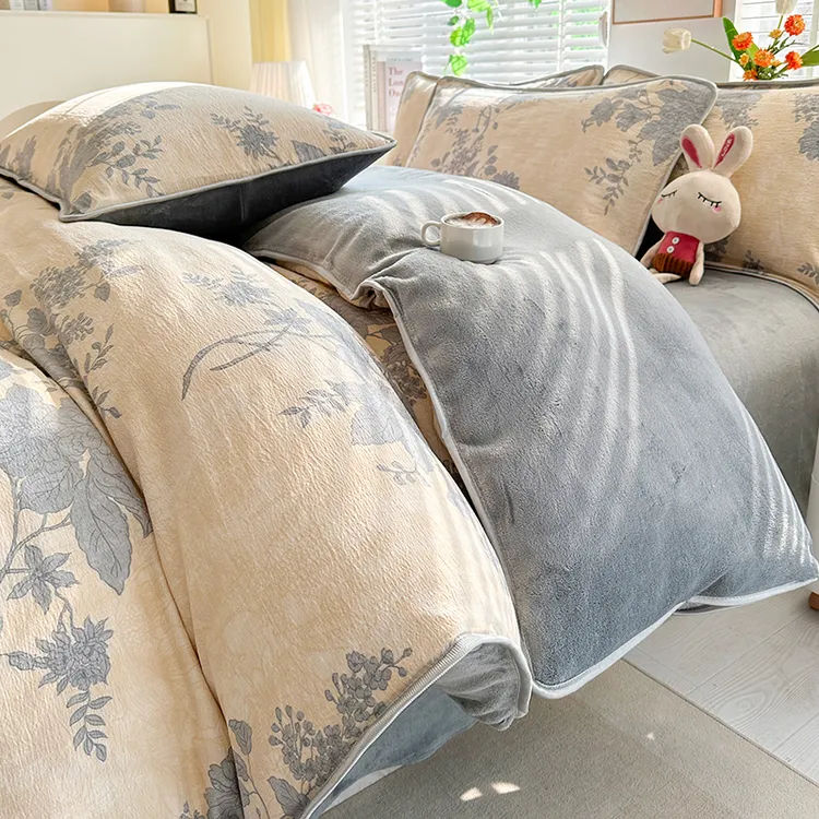一面双层纱一面牛奶绒秋冬加绒四件套卡通碎花保暖防静电绒被套