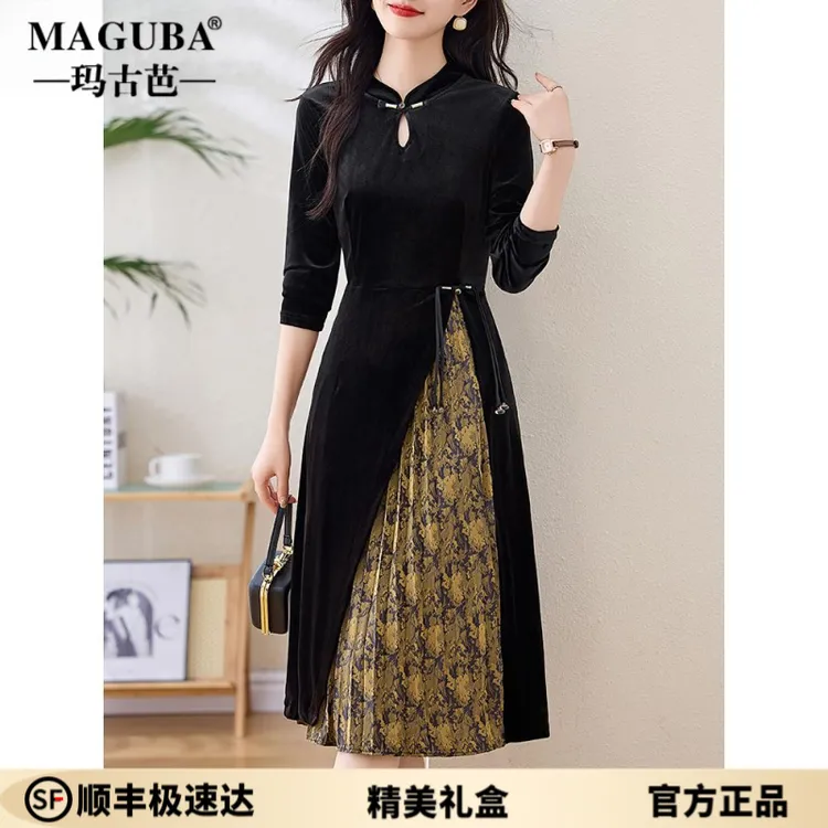 玛古芭新中式旗袍连衣裙女装2025春秋新款丝绒拼接盘扣长袖裙子女