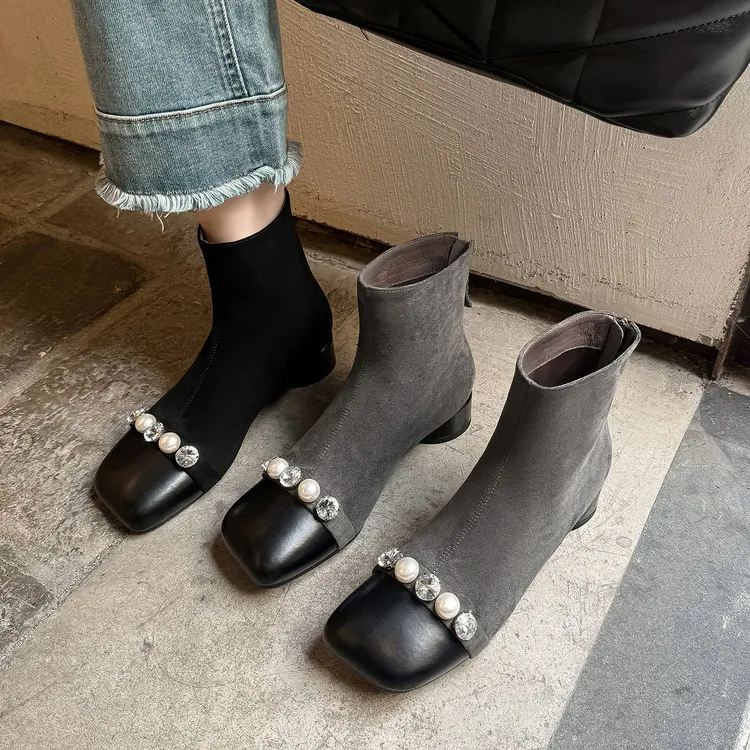 牛皮+羊皮~3cm秋冬新款中跟真皮短靴法式方头珍珠复古短筒瘦瘦靴