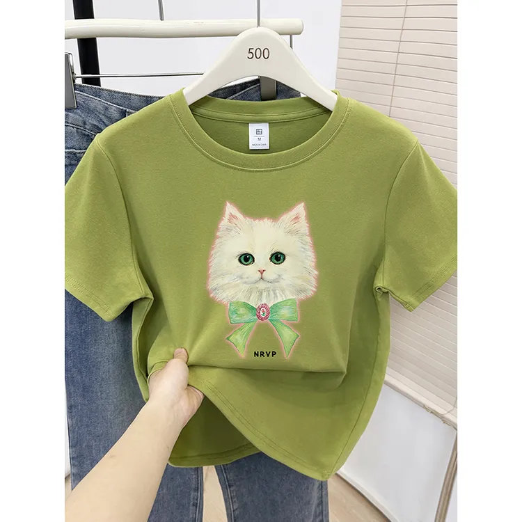 可爱猫咪印花圆领正肩短袖t恤女夏装2025新款时尚休闲半袖上衣潮