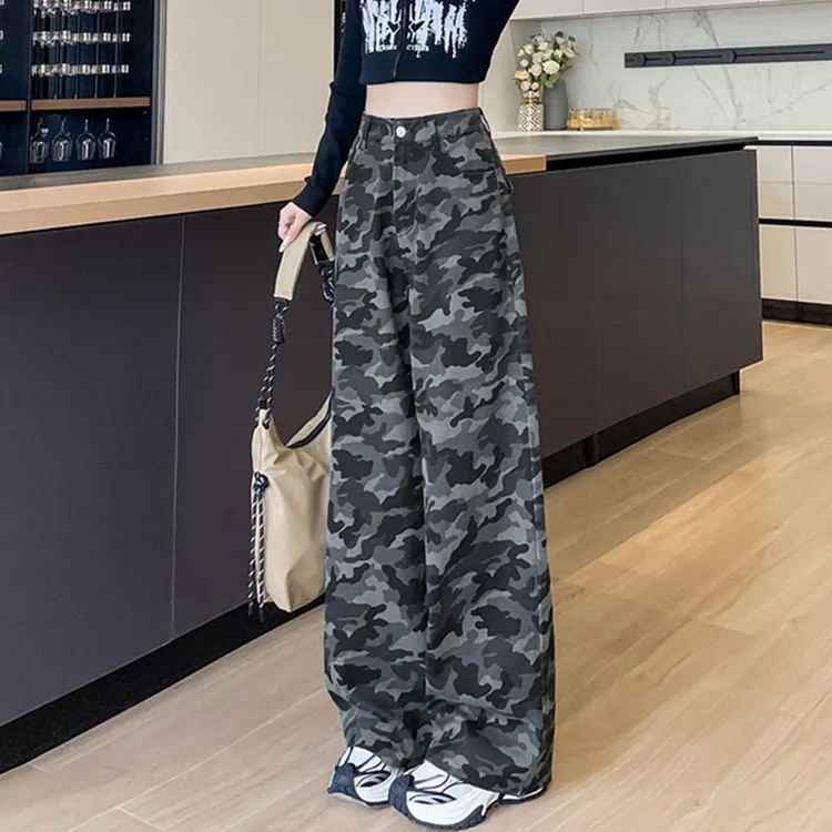 迷彩休闲阔腿裤女时尚新款春秋高腰宽松垂感显瘦小个子运动直筒裤