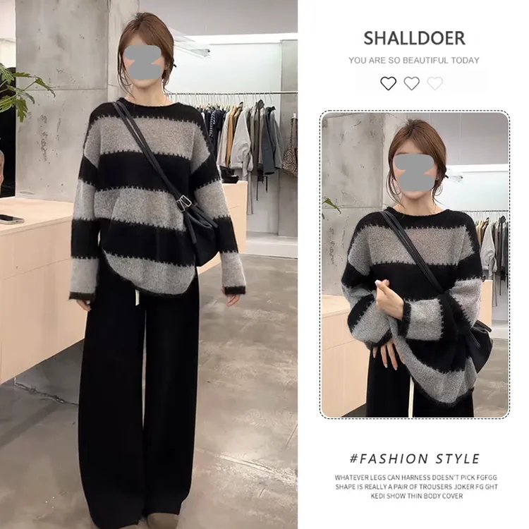 超火减龄套装女2025春秋新款时尚圆领针织衫+松紧腰九分裤两件套