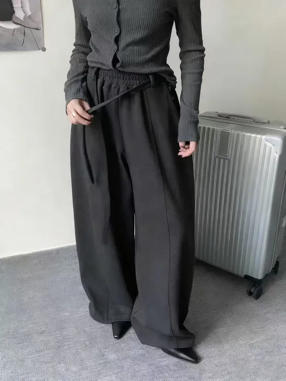 韩系高腰系带呢料阔腿休闲裤女秋冬2025新款慵懒风宽松显瘦弯刀裤