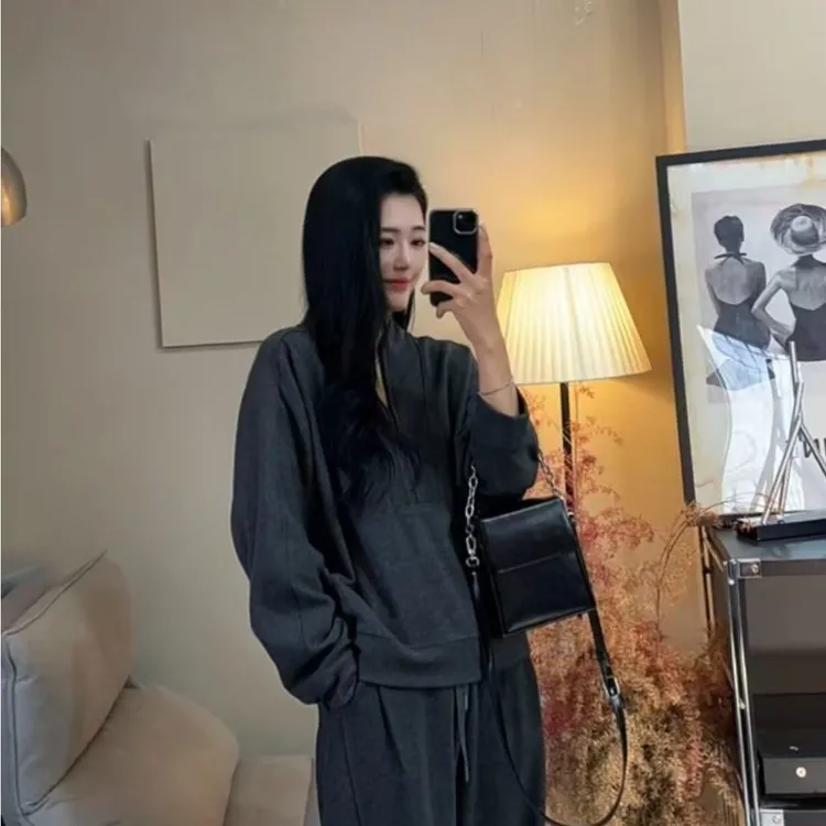 【ERUME】【半机构拉链卫衣套装】宽松遮肉显瘦大码长裤套装1085