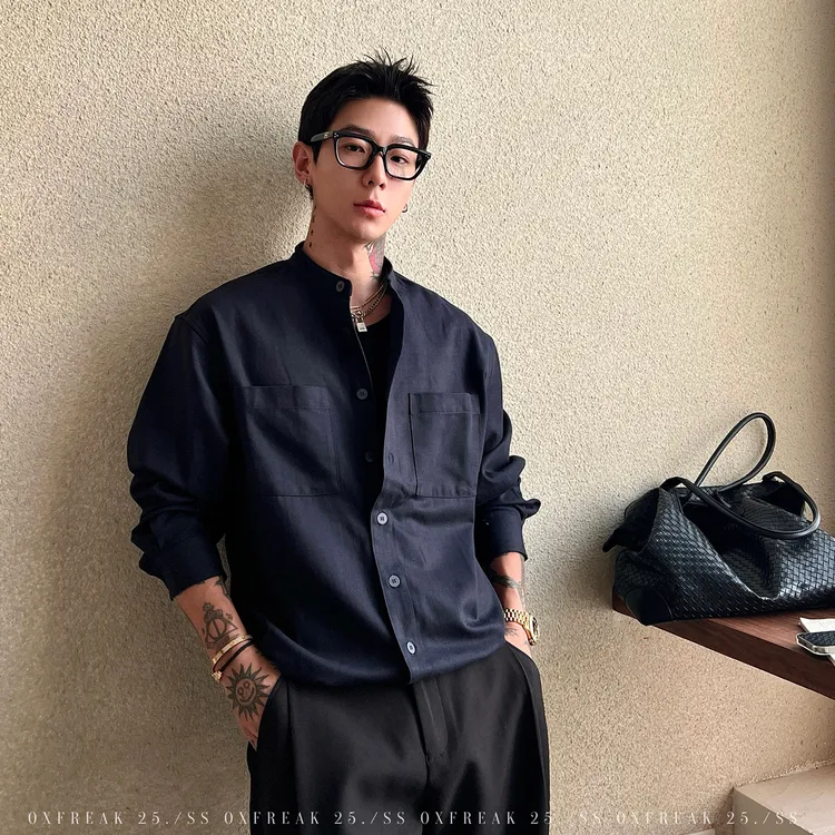 OXFREAK「天丝混纺 高智感通勤」纯色工装长袖衬衫男宽松翻领衬衣