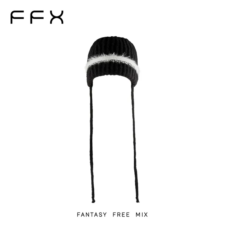 弗弗西FFX【初雪】高级黑白拼色系带秋冬冷帽毛线帽