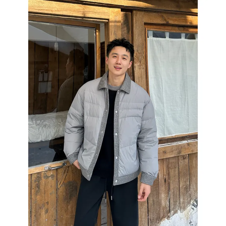 BIG林 2025冬季新款90白鸭绒雪尼尔拼接保暖翻领面包羽绒服 H5538