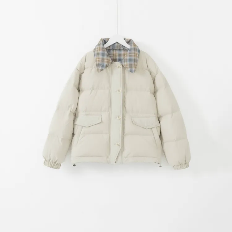 几里与麻 奶乖风格子拼接翻领羽绒服 衣长62胸围132 2093045