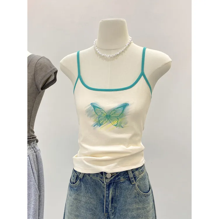 复古美式度假风u领撞色无袖上衣小众ins风蝴蝶印花吊带背心女夏季