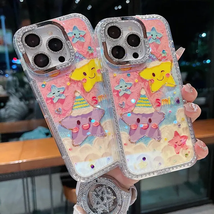 适用苹果系列iPhone16新款手机壳创意油画星星钻石镜框闪钻镜头膜