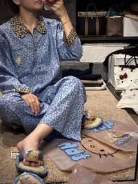 日系甜美风拼接豹纹印花睡衣女夏季新款长袖长裤家居服套装可外穿