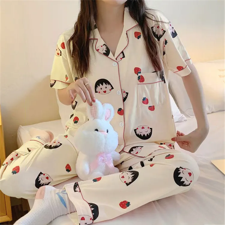 日杂元气樱桃小丸子卡通睡衣女夏季开衫短袖套装甜美少女风家居服