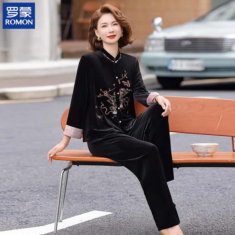 罗蒙品牌妈妈秋装金丝绒套装时尚国风绣花上衣中老年女洋气两件套