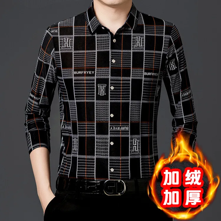 加绒加厚格子长袖衬衫男衬衣上衣秋冬季中年爸爸宽松polo衫男保暖