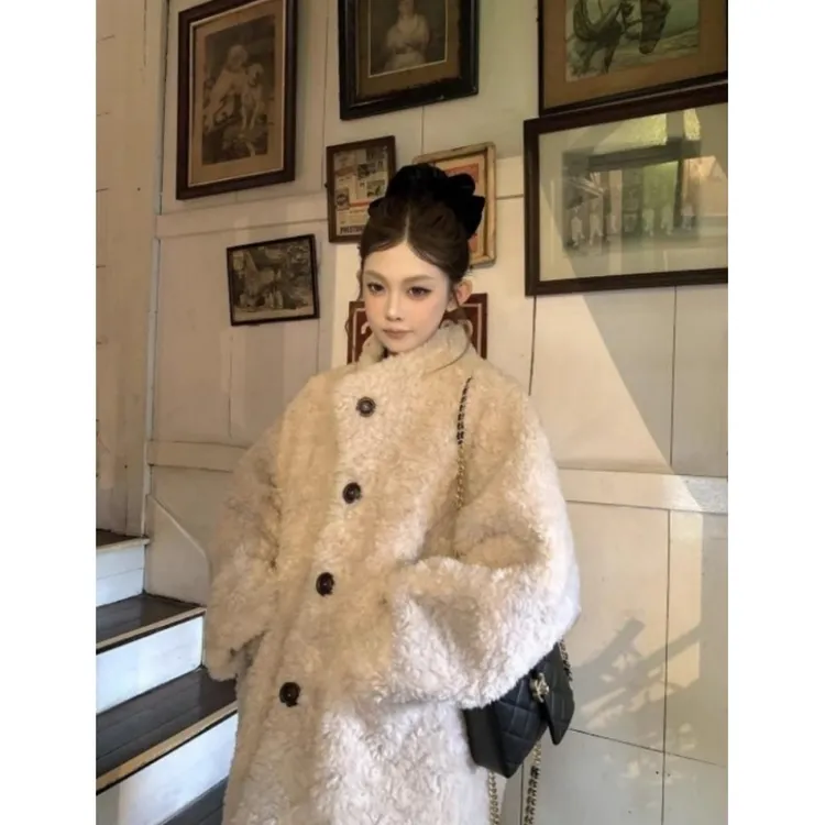 慵懒雪松 廓形环保仿羊羔毛皮毛一体女秋冬加厚中长款毛毛外套