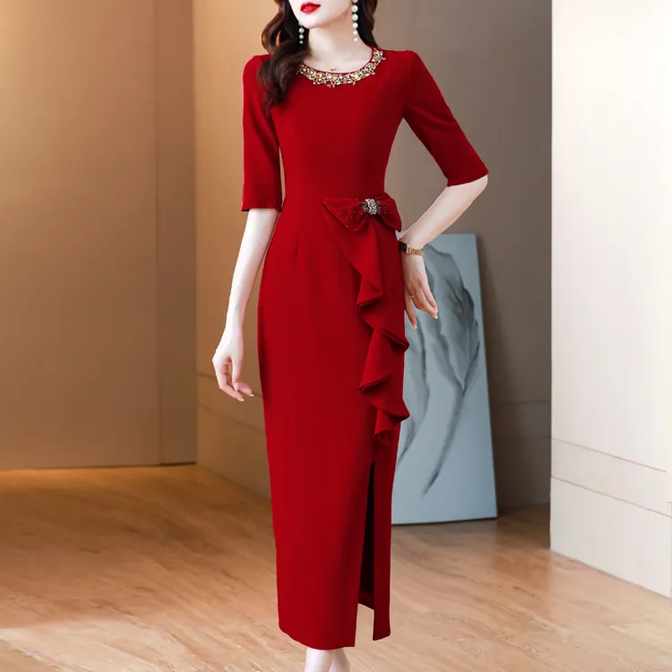 2023高端喜婆婆婚宴装晚礼服新娘妈妈婚礼女方喜服高贵洋气连衣裙