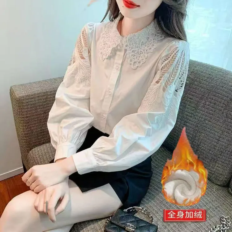 加厚加绒轻奢高级感欧货小衫法式绣花领白衬衫女装秋季2025年新款