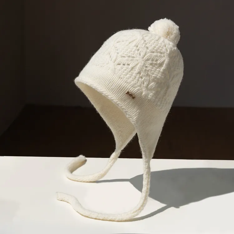 疯帽子 韩版纯羊毛帽子花纹针织帽女甜美毛球护耳帽逛街 25年秋新