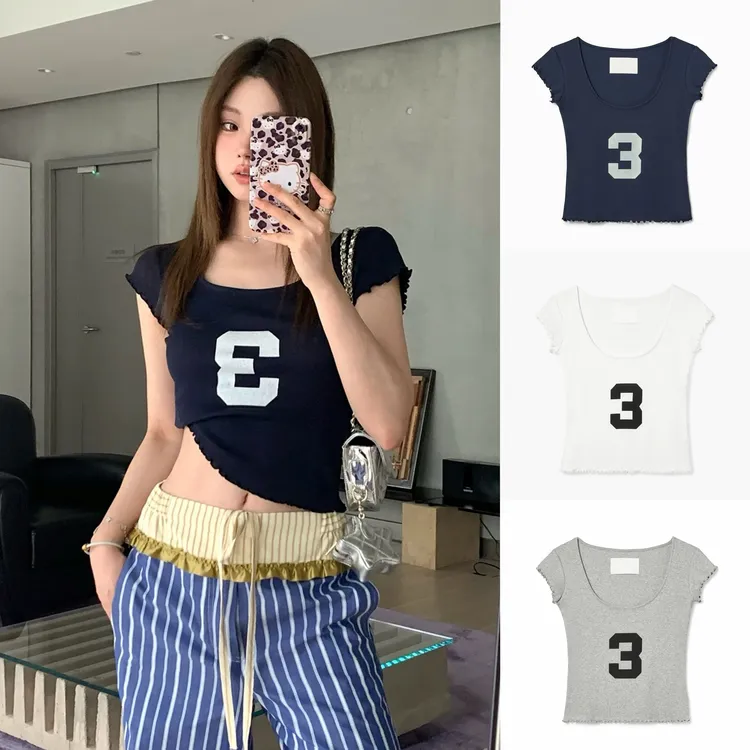 藏青色修身t恤女夏季3字母印花方圆领显瘦短袖木耳边小众别致上衣