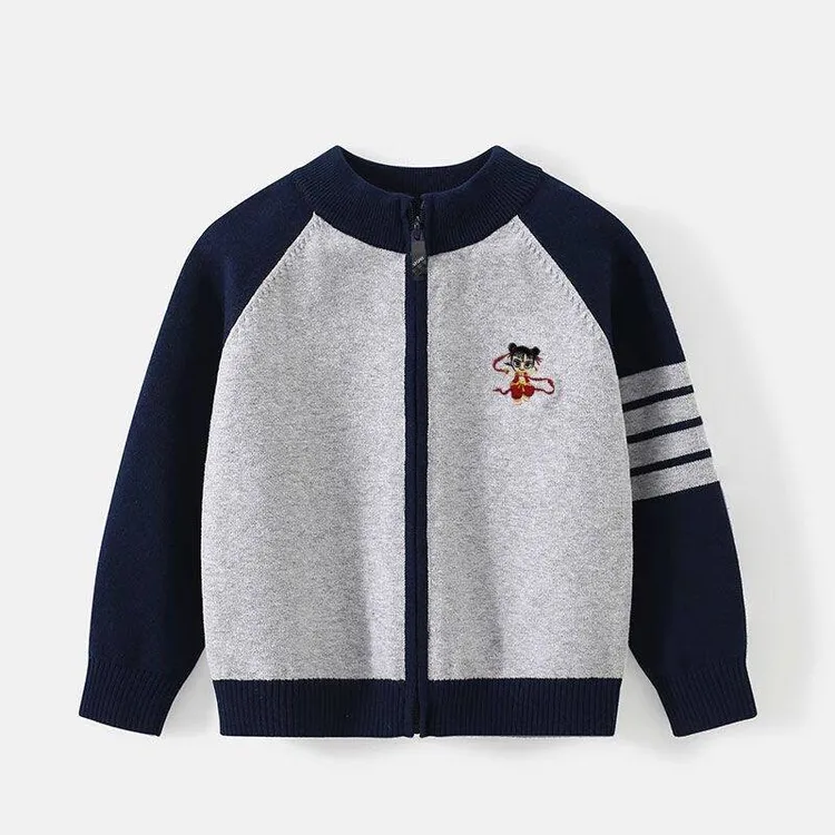 哪吒儿童毛衣灰色男童针织开衫春秋上衣女童毛衣开衫外套潮洋气