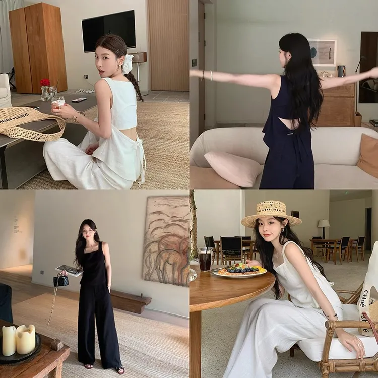 老钱风气质复古露背绑带背心+松弛感阔腿西裤套装女