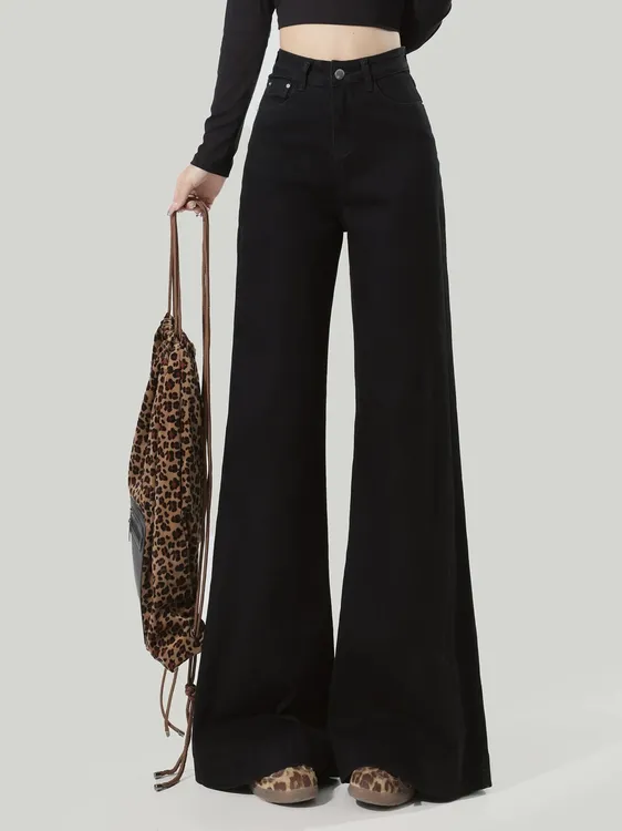 加绒黑色微喇牛仔裤长裤女秋冬款显瘦百搭梨型身材阔腿裤子AM6683