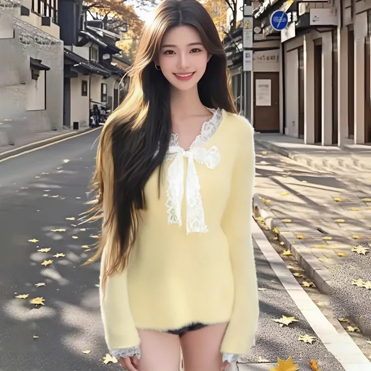 上衣开衫韩系蕾丝花边加厚仿水貂绒毛衣女温柔风宽松针织打底衫