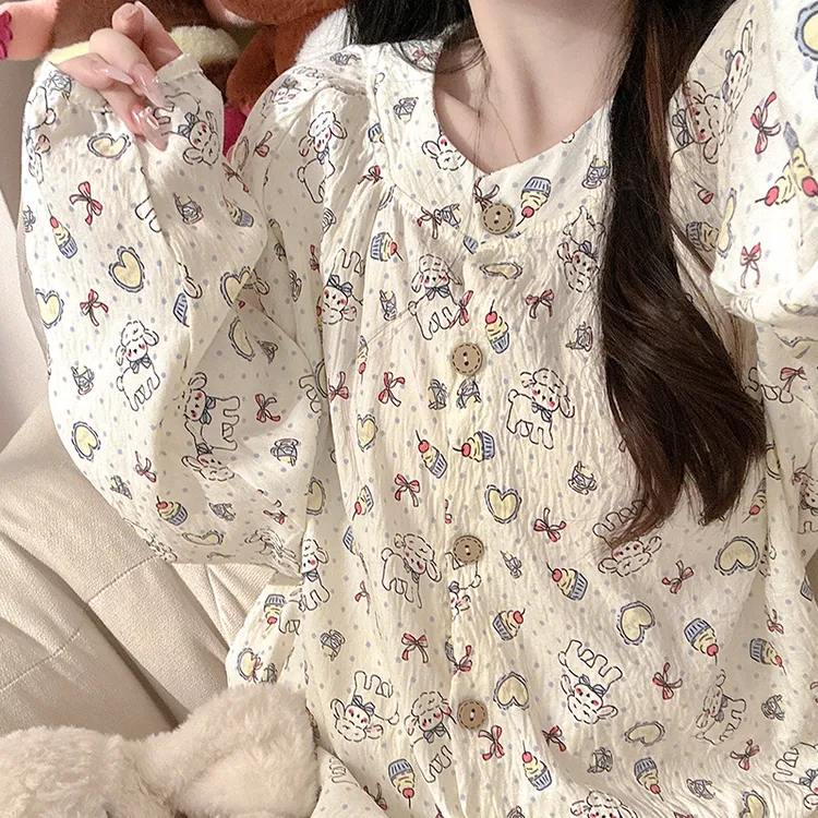 日系卡通萌宠小羊睡衣少女春秋季可爱泡泡棉长袖学生家居服两件套