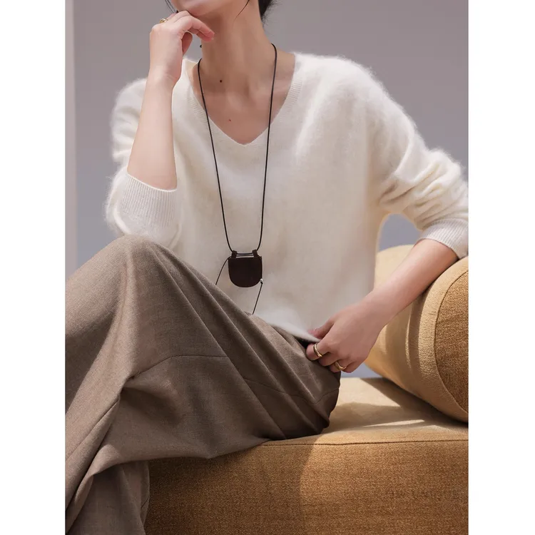 正品新款【100%拉绒】长毛特级羊绒V领高端秋冬宽松纯色羊绒毛衣