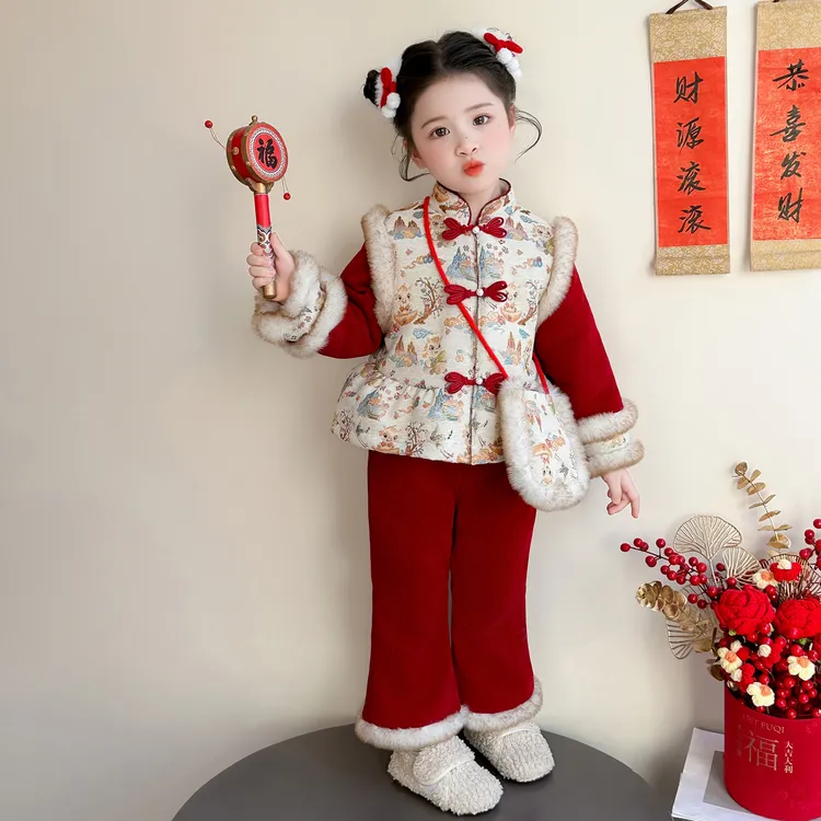 女童国风拜年服套装冬季2025新款儿童新中式汉服女宝宝冬装两件套