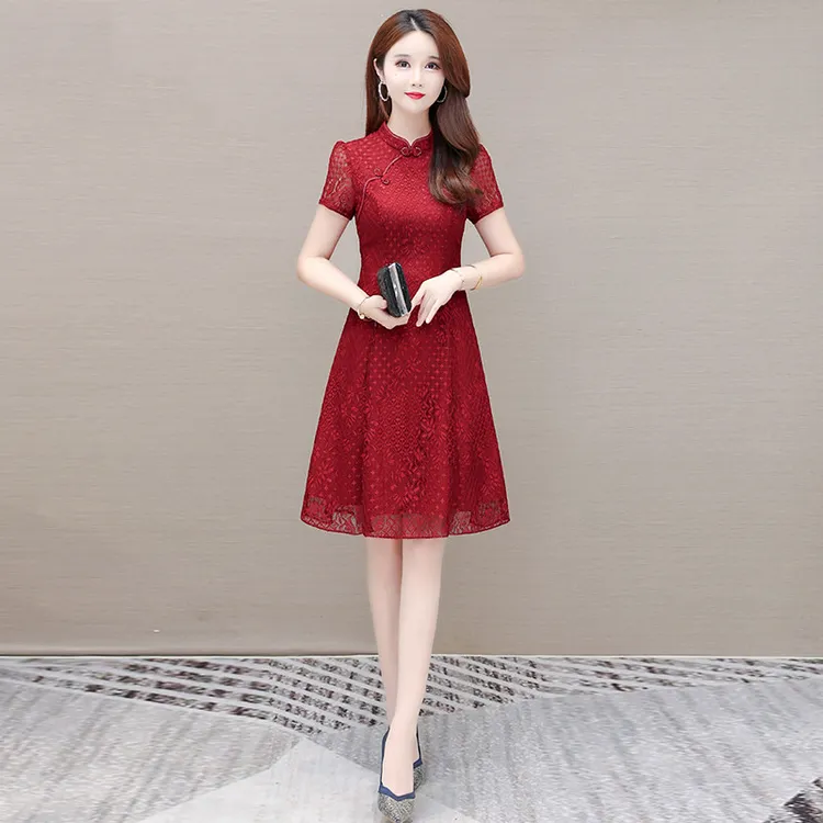 喜婆婆婚宴装礼服连衣裙女夏季2025年新款年轻款红色蕾丝旗袍裙子