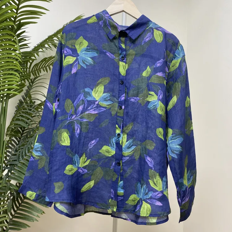 【紫色黄绿花印花苎麻衬衫】3977