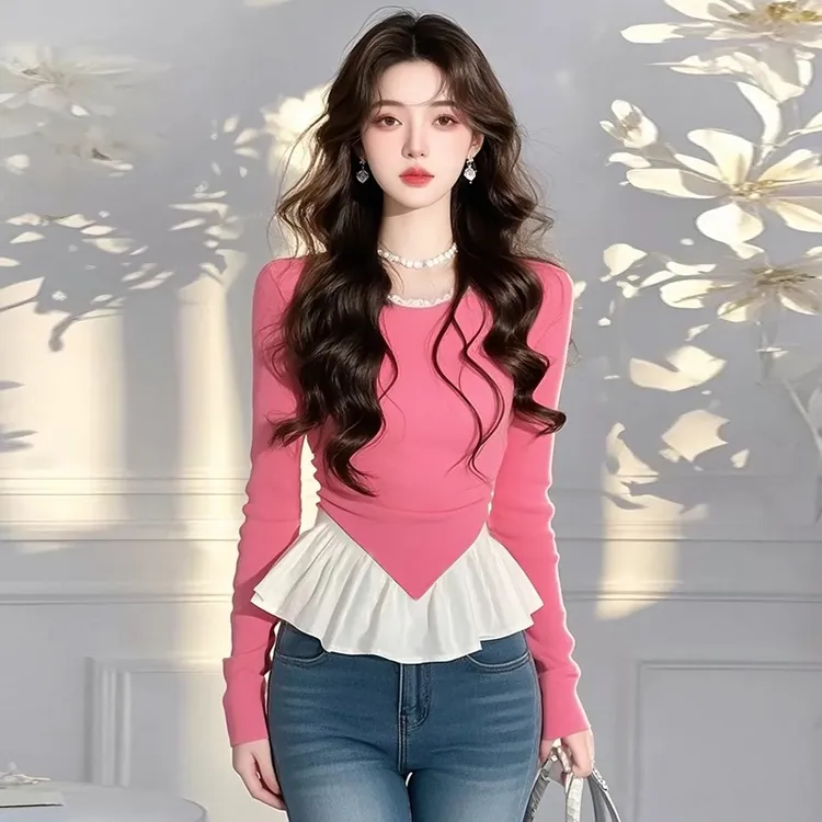 春秋穿搭甜美拼接雪纺粉色上衣女2025新款设计感别致显瘦打底衫
